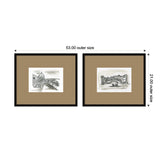 Two framed black-and-white vintage postcard-style sketches of Florence and Venice, each matted with a brown border and displayed side by side with measurements.