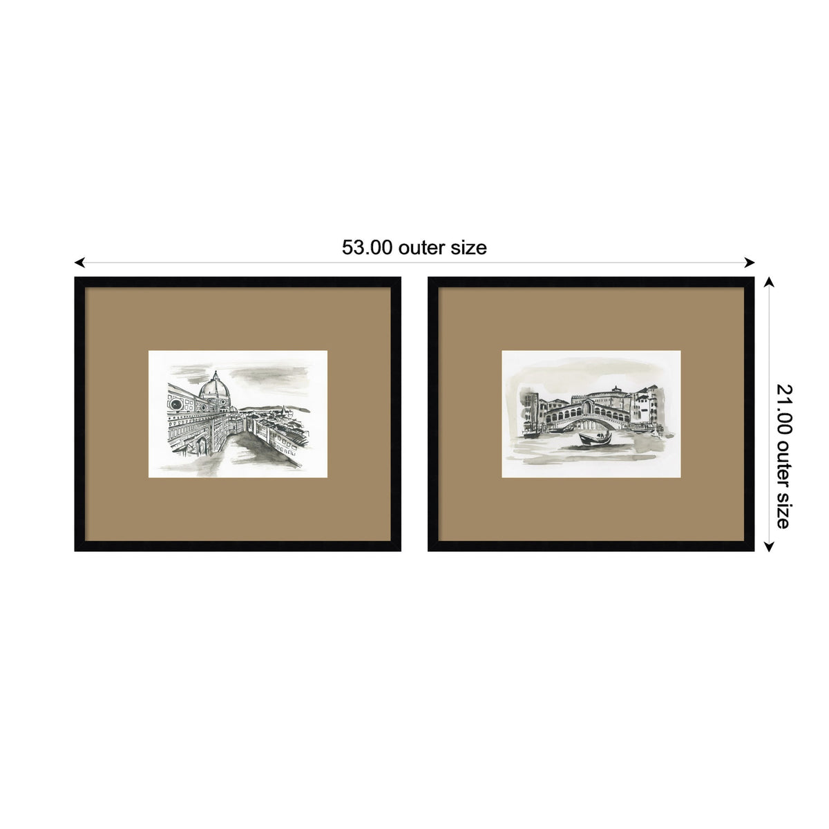 Two framed black-and-white vintage postcard-style sketches of Florence and Venice, each matted with a brown border and displayed side by side with measurements.