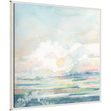 Framed watercolor landscape with soft pastel clouds and layered horizontal strokes in blues, greens, and pinks, evoking a serene sky and horizon.