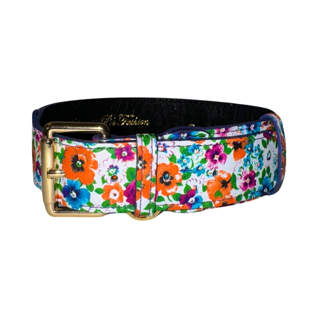 Floral Italian leather dog collar with classic buckle featuring poppy and pansy prints