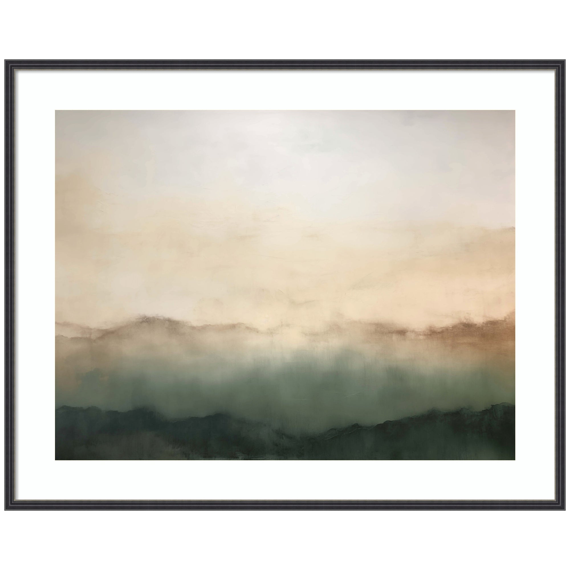 Framed Art Green Mountain Abstract I Horizontal: misty green and beige mountain landscape by Amy Lighthall in black narrow frame