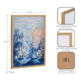 Underwater ocean landscape print with blue and coral coral reef plants in a natural oak wood frame with gold finish, shown with measurements and hanging details.