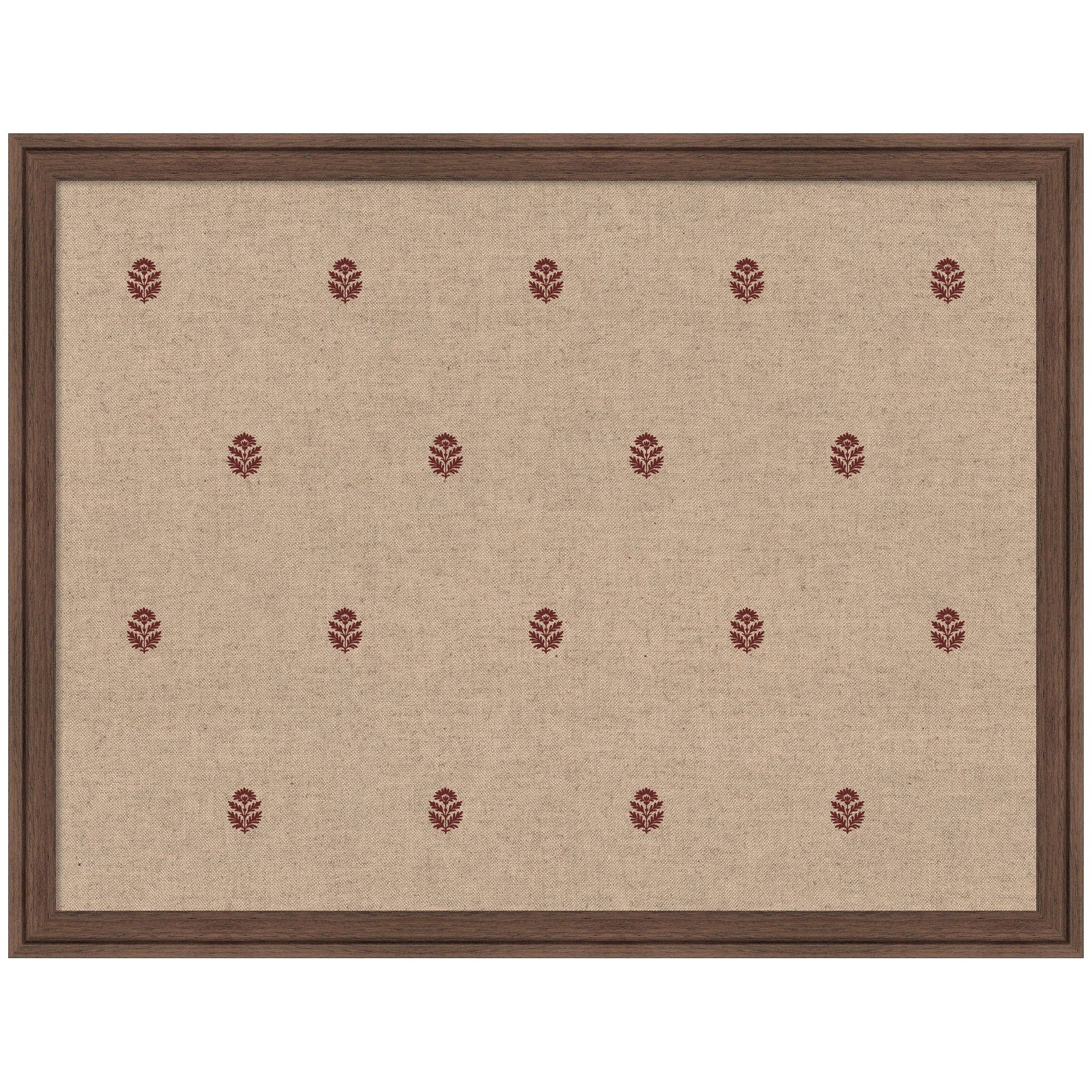 Pinboard Red Botanical Block Print with framed linen fabric and dark red botanical design