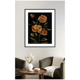 Framed floral artwork with large orange poppies and green leaves on a black background, hanging above dark green armchairs and a round wooden table with white flowers.
