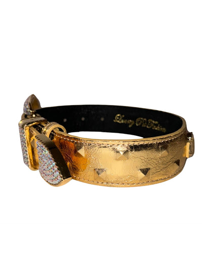 Glam Gold Embossed Studded Italian Leather Collar with Swarovski Crystal Buckle