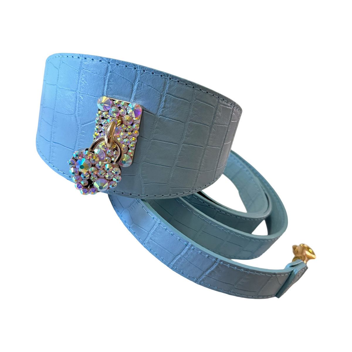 Light blue faux crocodile texture dog collar and matching leash with rhinestone-studded square charm and shiny gold hardware.
