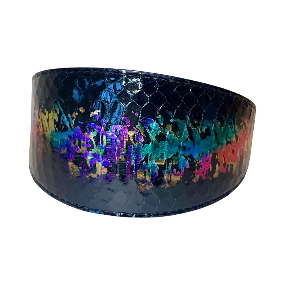 3” wide, multi-color Art Deco style custom snake collar displayed on white background