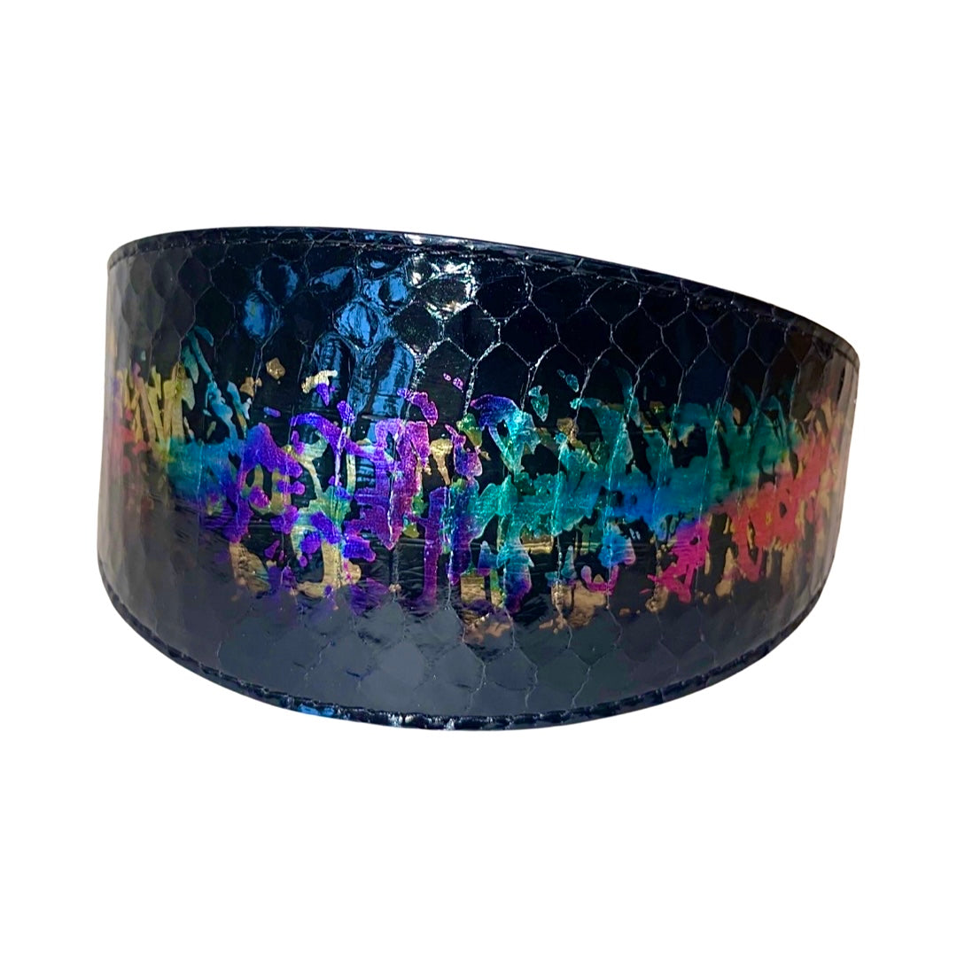 3” wide, multi-color Art Deco style custom snake collar displayed on white background