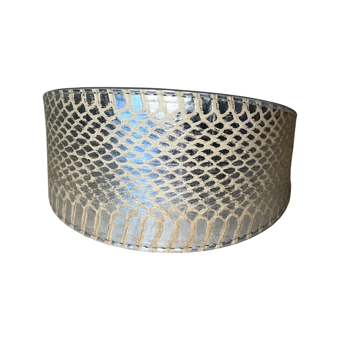 Wide dog collar with silver snake pattern and textured scales, presented flat against a white background highlighting its curved form and metallic sheen.