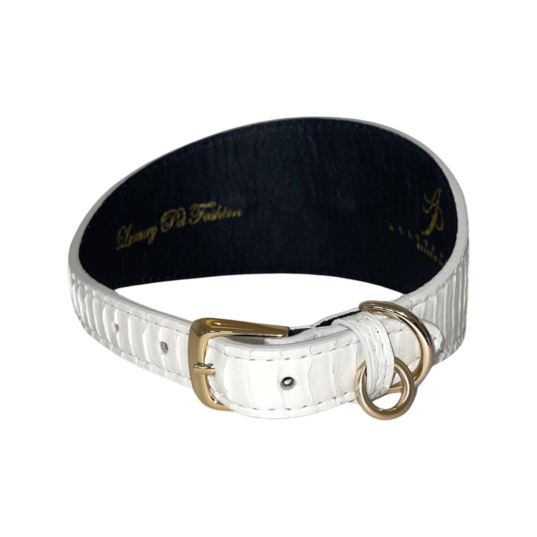 White textured leather collar with a gold buckle and two gold rings, featuring a black interior with gold script text.