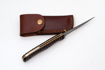 Hand-Forged Damascus Slim Folder | Textured Dark Wood Handle & Intricate Spine File Work - TF-075