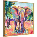 Abstract orange African elephant printed on a gallery-wrapped canvas with a bright gold floating frame