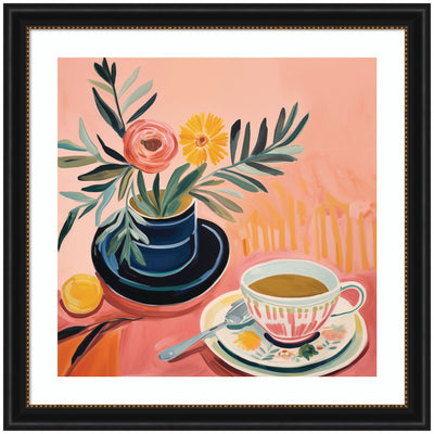 Framed Art Cozy Coffee featuring blue vase with pink and yellow flowers, and stylized teacup on pink background