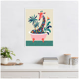 Framed canvas of a stylized giraffe with colorful abstract patterns sitting in a pink clawfoot bathtub surrounded by green plants on a beige and teal background.