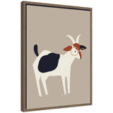 Minimalist framed canvas painting of a white goat with black patches and brown head details on a beige background.