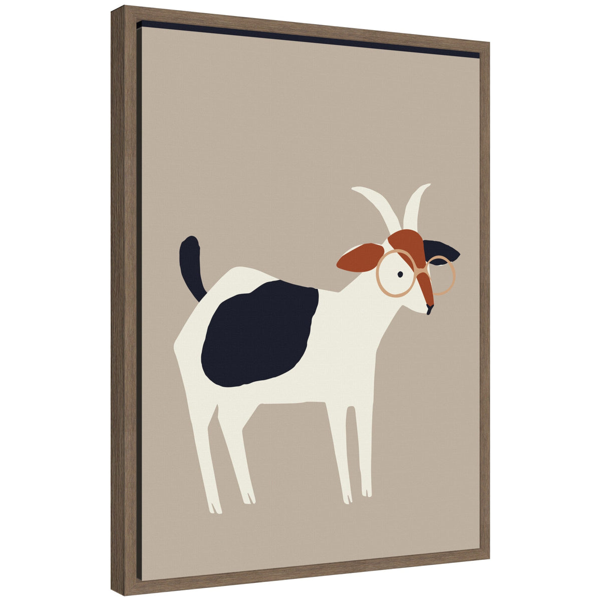 Minimalist framed canvas painting of a white goat with black patches and brown head details on a beige background.