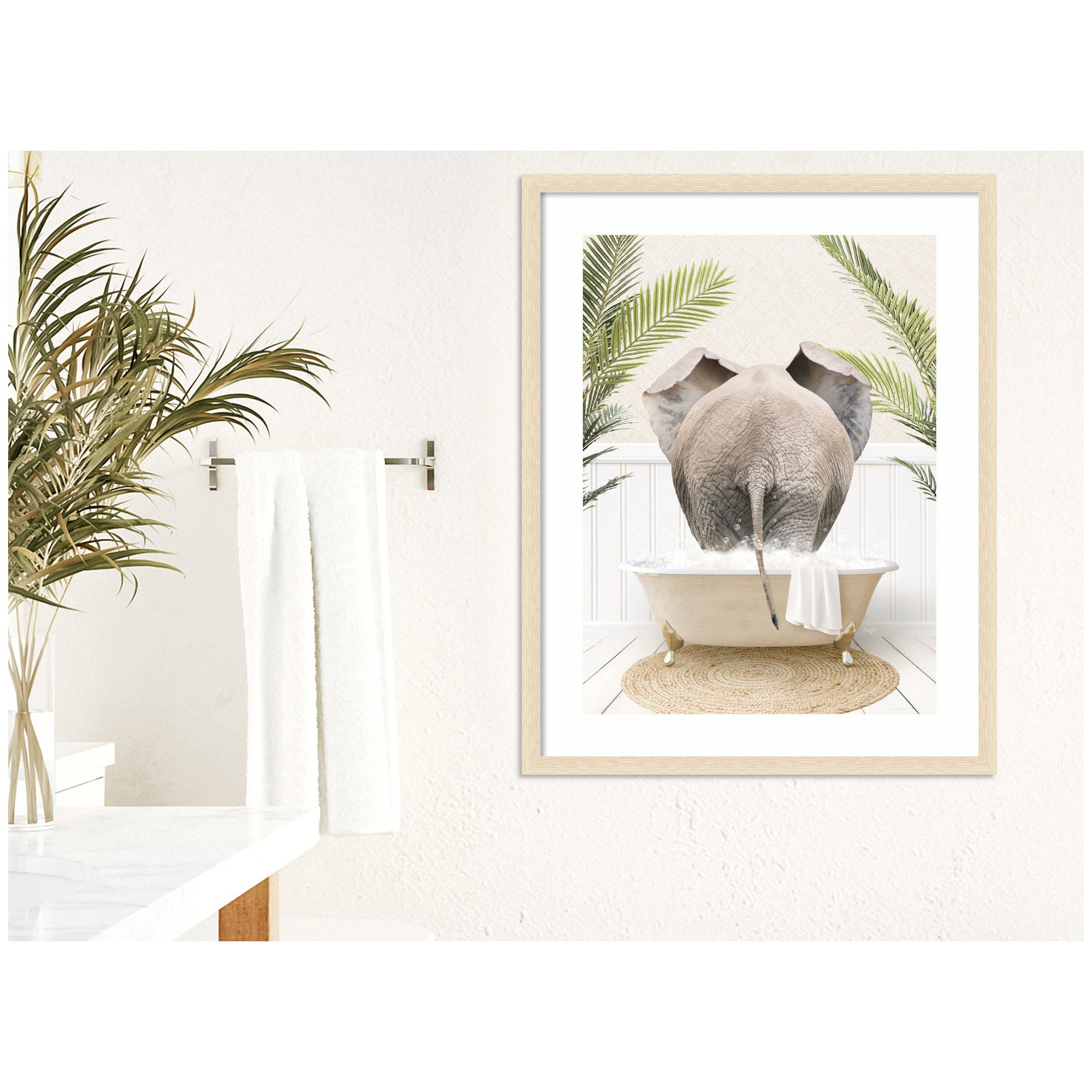 Elephant Back in Palm Bathtub by Amy Peterson Framed Wall Art Print
