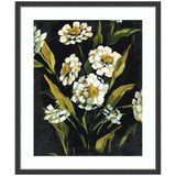 Framed painting of white daisies with yellow centers and green leaves on a black background, arranged in a loose bouquet style.