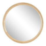 Round wall mirror with a smooth, segmented light wood frame in natural tones surrounding a clear reflective surface.