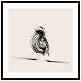 Minimalist black ink brushstroke sketch of a bird perched on a thin horizontal branch against a light beige background, framed in black.