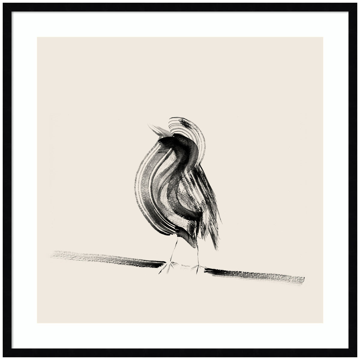 Minimalist black ink brushstroke sketch of a bird perched on a thin horizontal branch against a light beige background, framed in black.