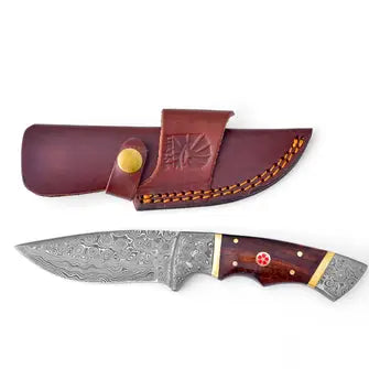 The Walnut Fusion Damascus Steel Utility Knife showing turquoise resin handle and patterned Damascus steel blade