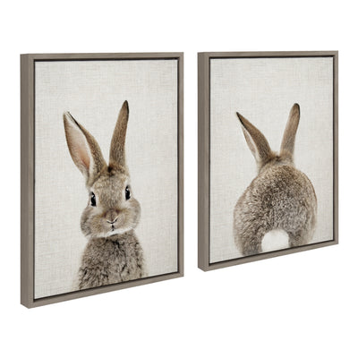 Framed canvas set featuring a bunny portrait and a cotton bunny tail on linen background