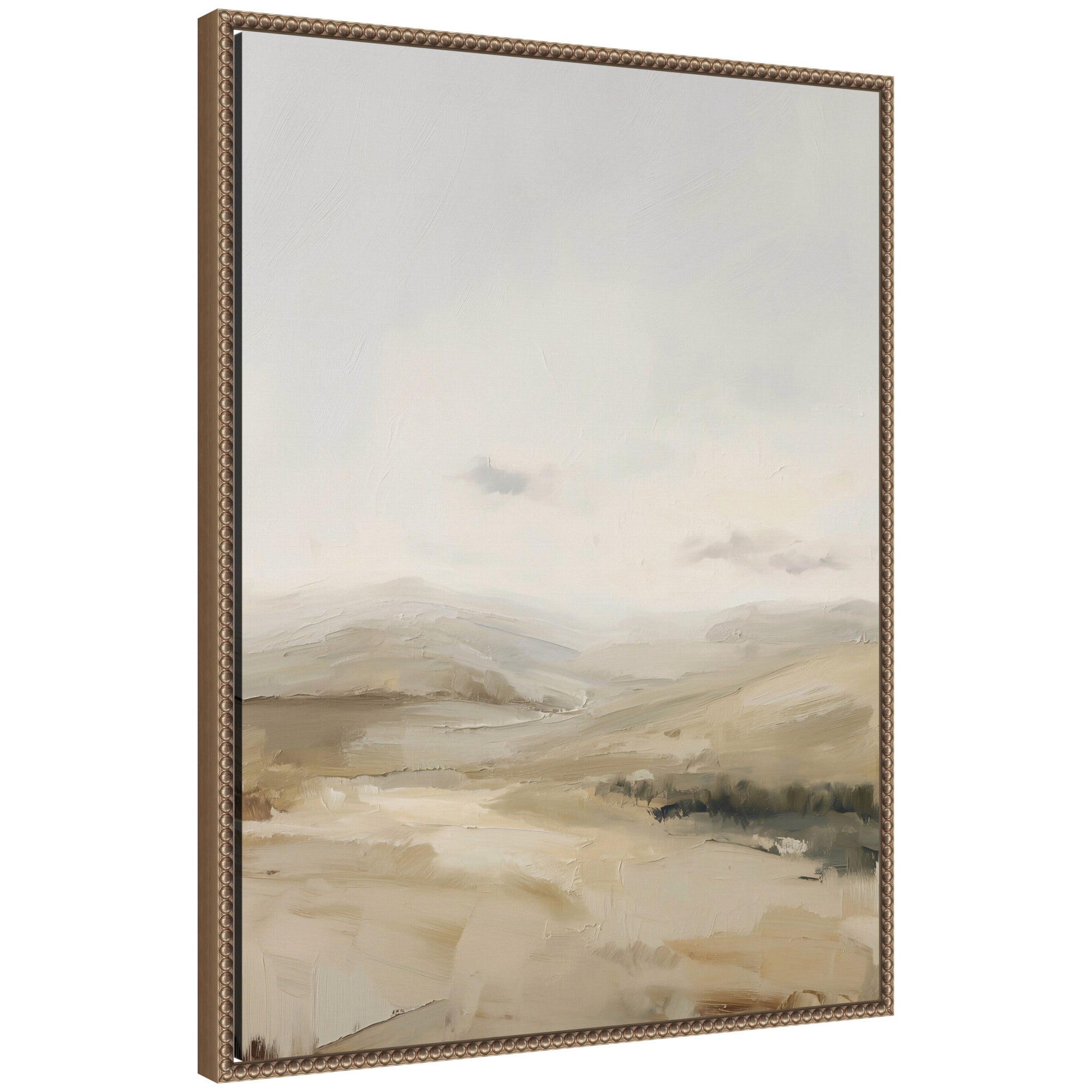 Framed canvas wall art print titled 'Fading Fields I' by Amy Lighthall showing abstract fields in muted colors in a dark gold beaded frame.