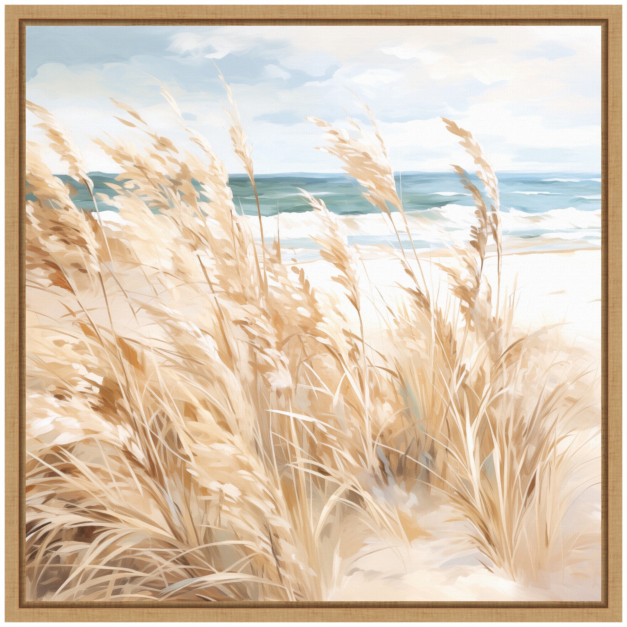 Sylvie Beige Beach Grass Near Tranquil Beach Framed Canvas by The Creative Bunch Studio