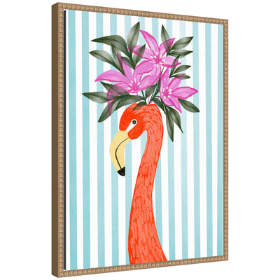 Sylvie Flamingo art printed on framed canvas showing a flamingo with a vintage beaded frame