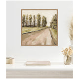 Textured framed painting of a rural road flanked by tall trees on the left and right, with soft earthy and green tones under a light sky.
