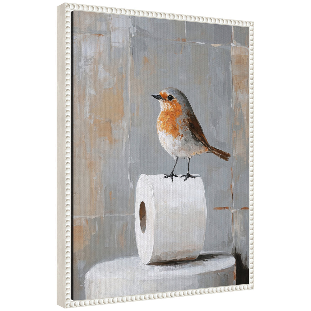 Framed canvas art of Sylvie bird standing on a toilet paper roll, displayed in a bathroom setting.