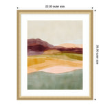 Abstract landscape painting with layered horizontal bands in muted green, ochre, pink, and burgundy tones, framed in wood with a white mat and labeled dimensions.