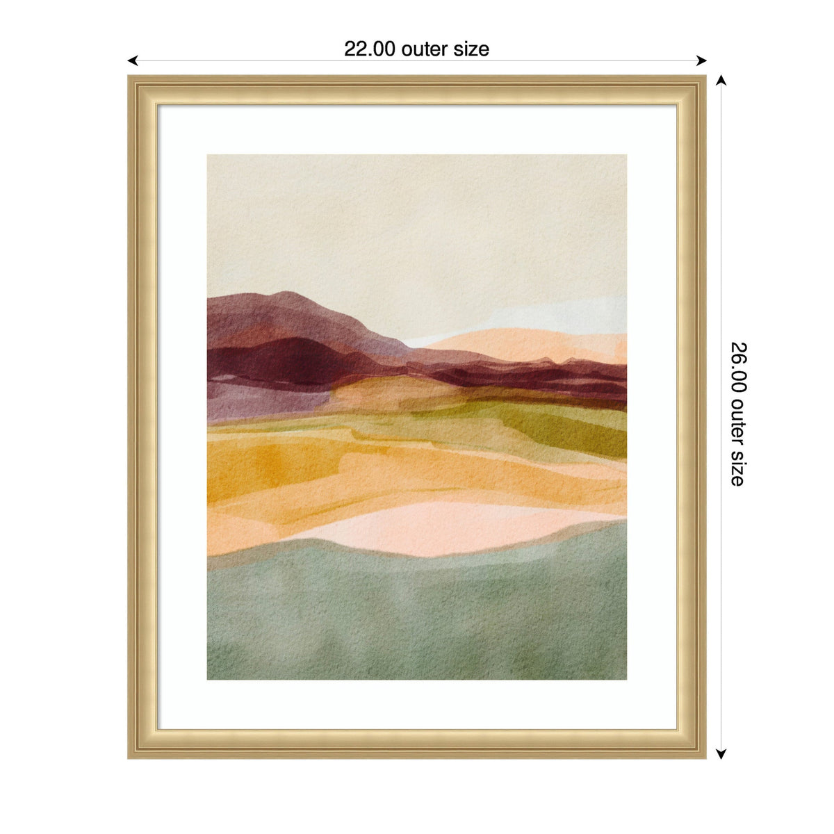 Abstract landscape painting with layered horizontal bands in muted green, ochre, pink, and burgundy tones, framed in wood with a white mat and labeled dimensions.
