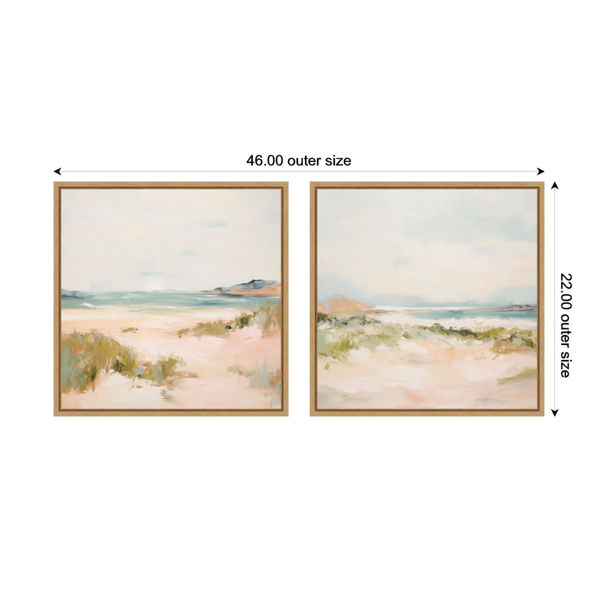 Two square framed canvases displaying soft, abstract landscape scenes with pastel greens, pinks, and blues under a light cloudy sky, each measuring 46 by 22 inches.