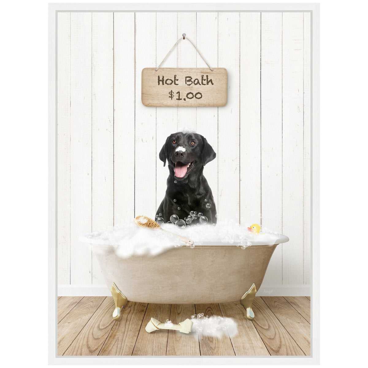 Black Labrador sitting in a beige clawfoot bathtub filled with bubbles, a yellow rubber duck and bath brush, under a hanging wooden sign reading 'Hot Bath $1.00' on white shiplap walls