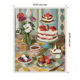 Colorful painting of a dessert table with layered cakes topped with cherries, floral bouquet in a green vase, teacup, and plates of assorted sweets on a checkered tablecloth.