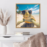 Close-up of a sea turtle wearing oversized red sunglasses on a sunny beach with palm trees and blue sky in the background, displayed in a square frame above a white desk.