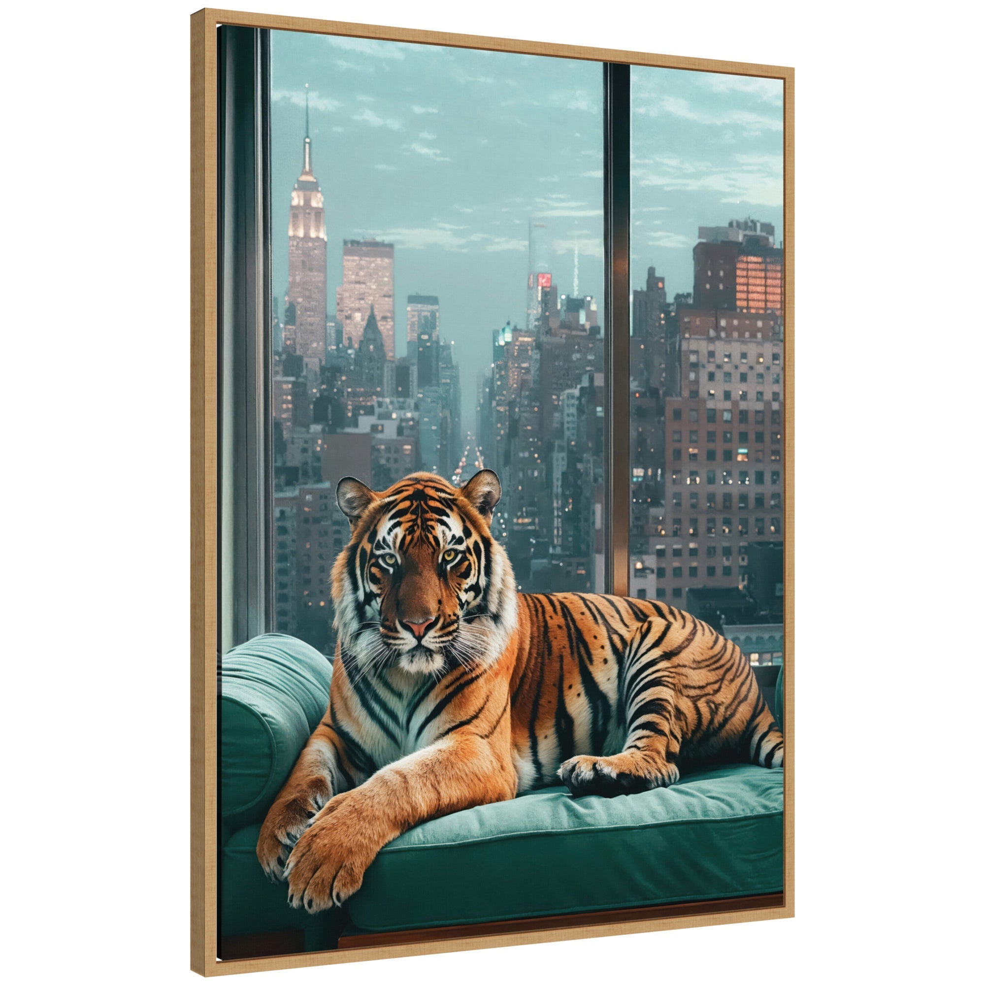 Framed canvas art showing a graceful tiger against an urban New York background by Michael Schauer