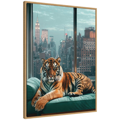 Framed canvas art showing a graceful tiger against an urban New York background by Michael Schauer