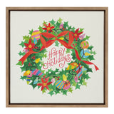 Festive holiday wreath with green holly leaves, red poinsettias, multicolored ornaments, and a red bow surrounding red script text reading 'Happy Holidays' on white background.