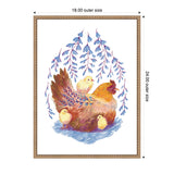 Illustration of a brown hen with orange and blue feathers sitting with three yellow chicks underneath hanging blue wisteria flowers on a white background, framed in wood.