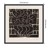 Black and white stylized print of heart-shaped begonia leaves in a decorative pot with a grid and floral pattern background, signed by Henri Matisse.
