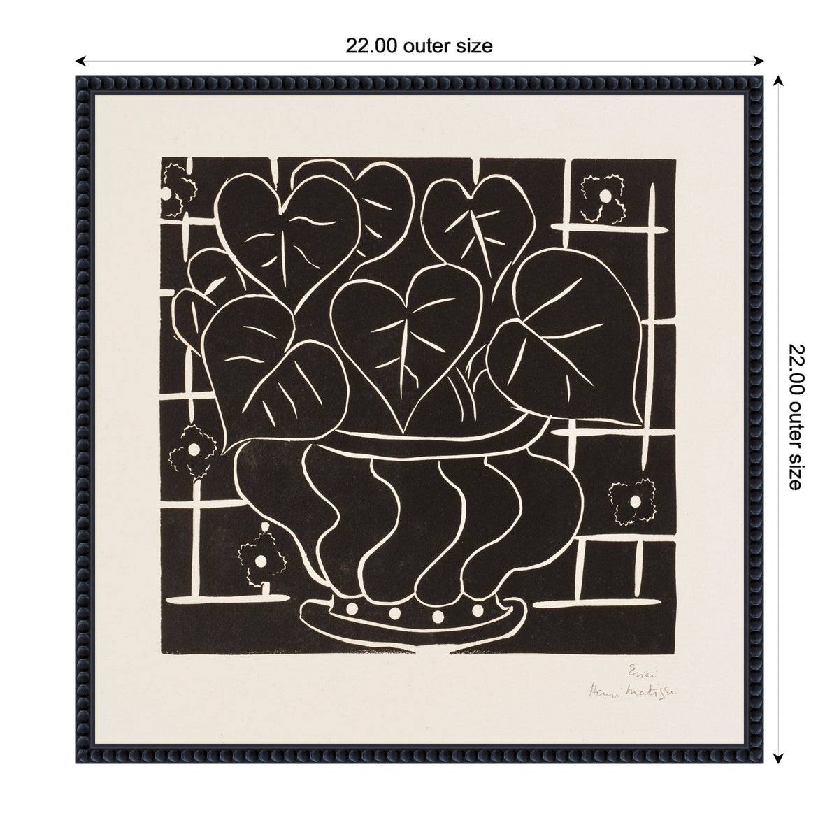 Black and white stylized print of heart-shaped begonia leaves in a decorative pot with a grid and floral pattern background, signed by Henri Matisse.