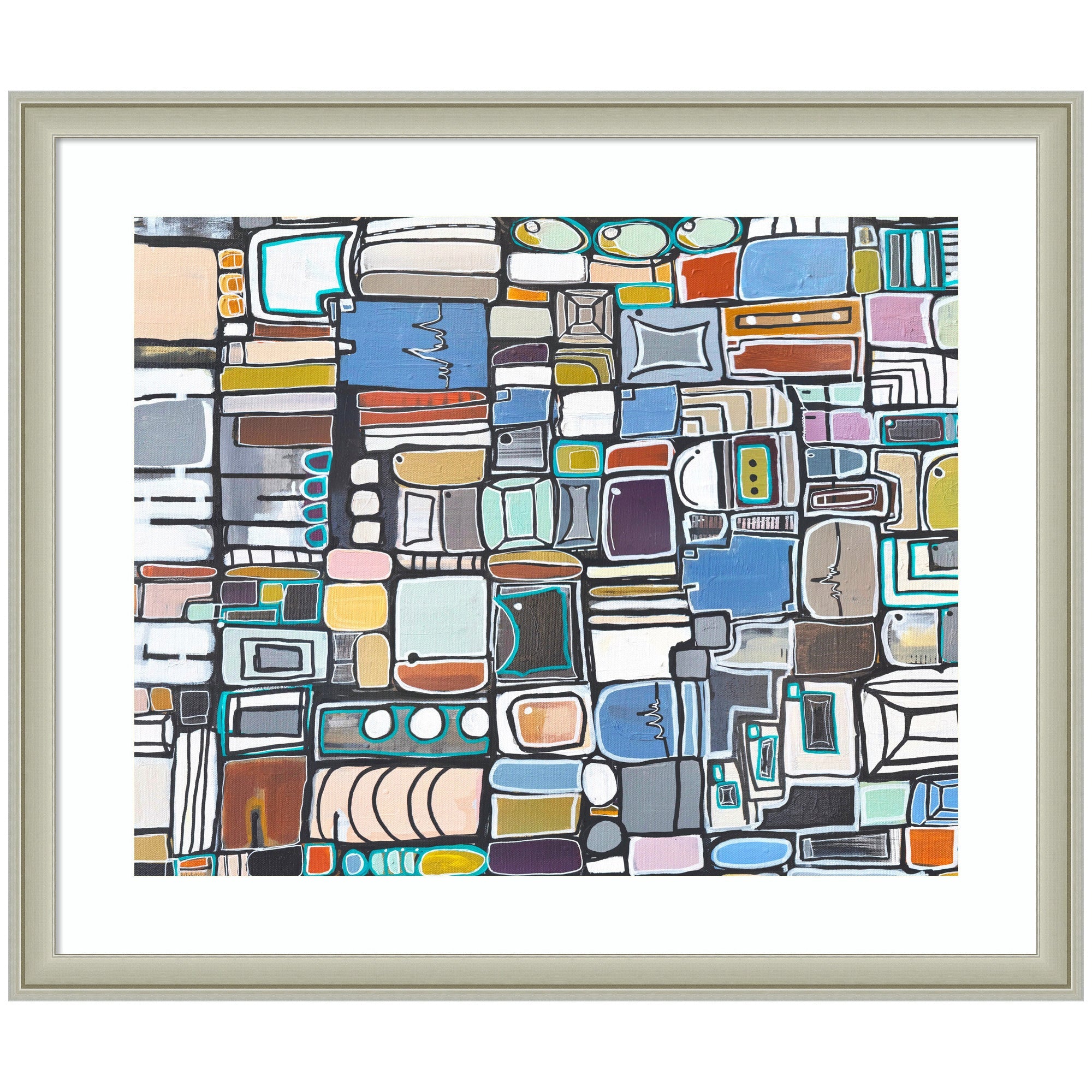 Framed Art Newsprint Horizontal featuring colorful geometric rectangles by Leah Nadeau in Florence Silver frame