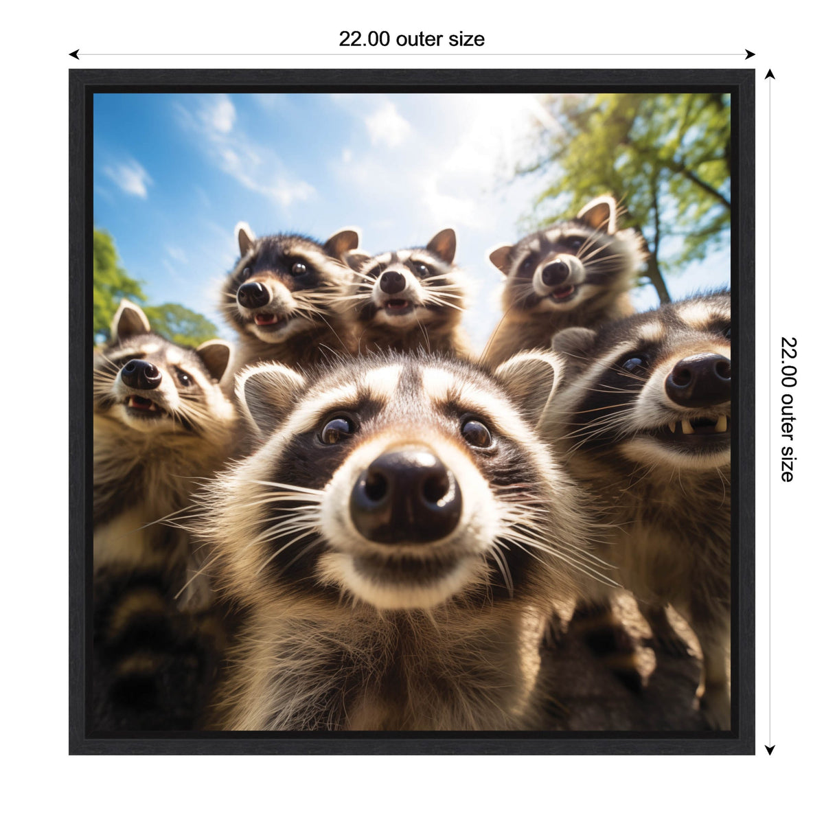 Close-up selfie of five curious raccoons with bright eyes and masked faces, framed by a sunny blue sky and green trees, captured from a low angle.