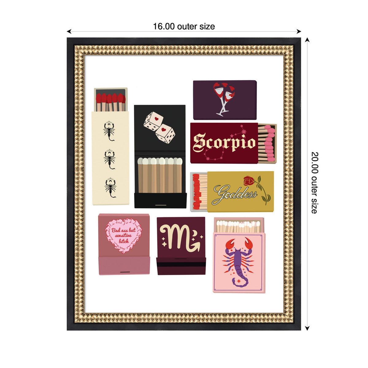 Framed print featuring nine colorful matchbook designs including Scorpio text, scorpions, dice, cocktails, and zodiac symbols on a white background.