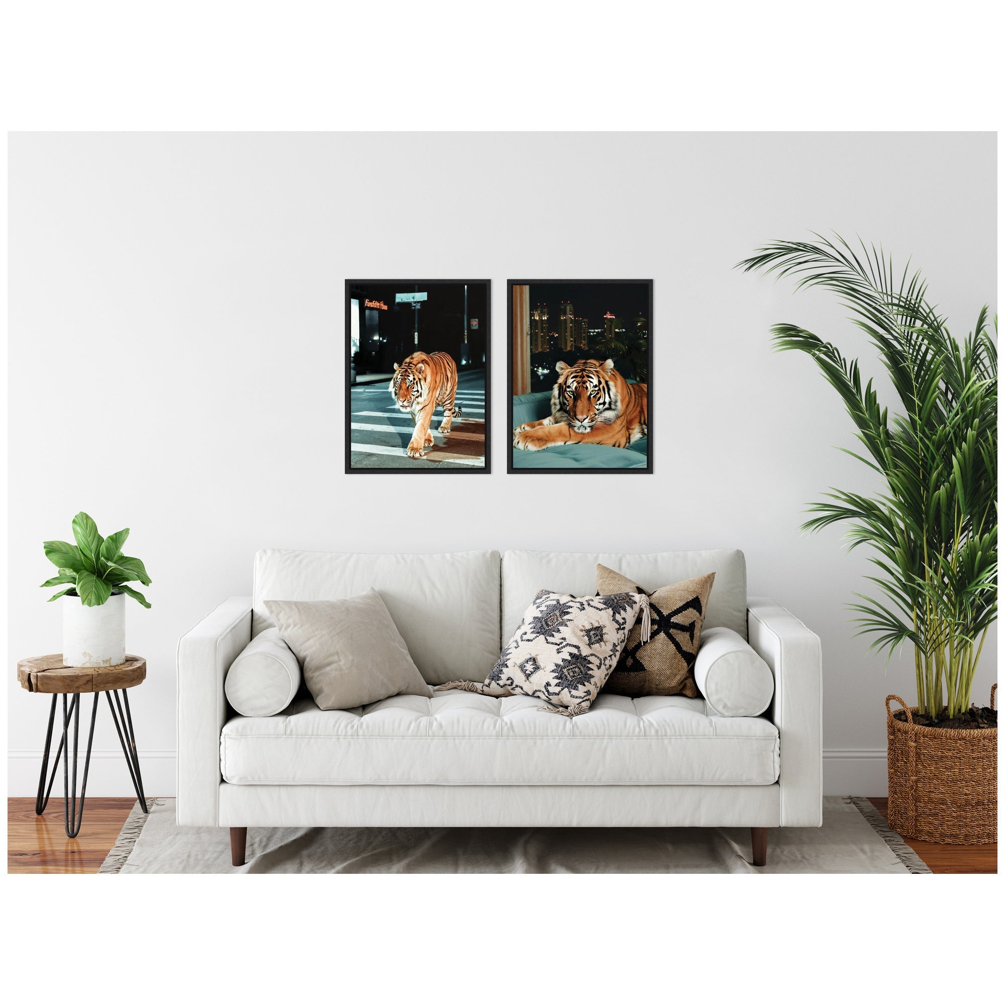 Sylvie Tiger in the City at Night Framed Canvas Art Set by Michael Schauer