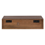 Rectangular wooden floating side table with a single drawer front showing two black metal mounts and a small square wooden pull handle in center