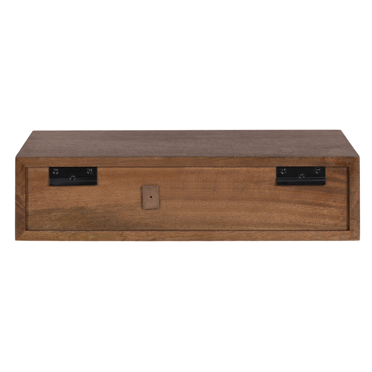 Rectangular wooden floating side table with a single drawer front showing two black metal mounts and a small square wooden pull handle in center